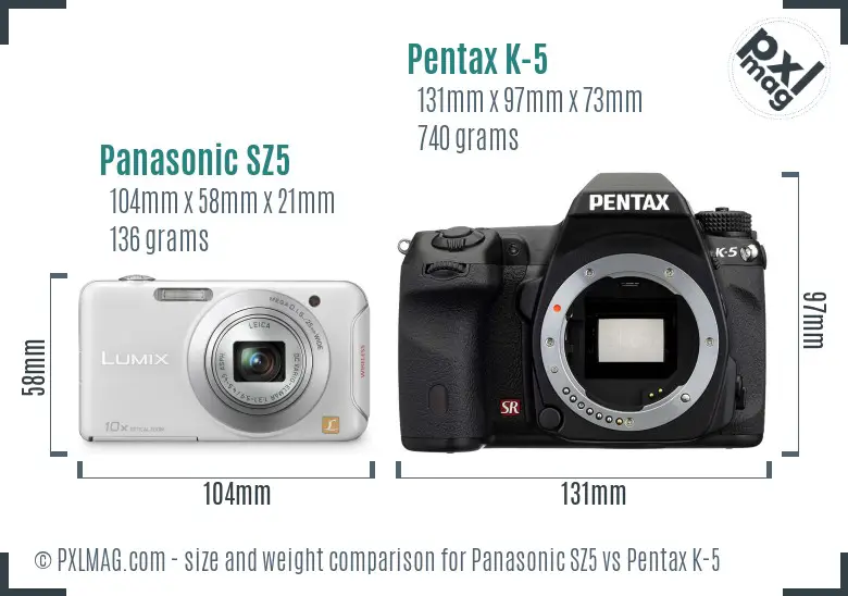 Panasonic SZ5 vs Pentax K-5 size comparison