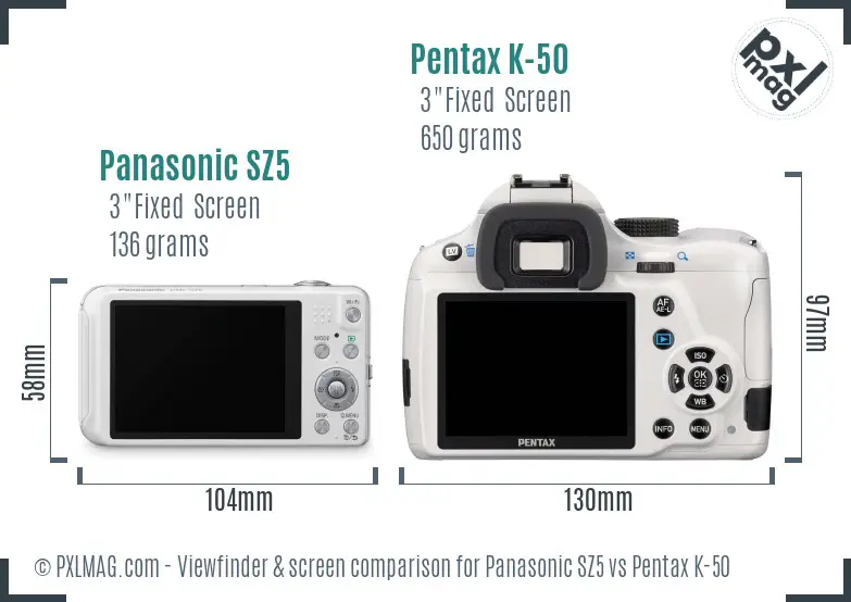 Panasonic SZ5 vs Pentax K-50 Screen and Viewfinder comparison