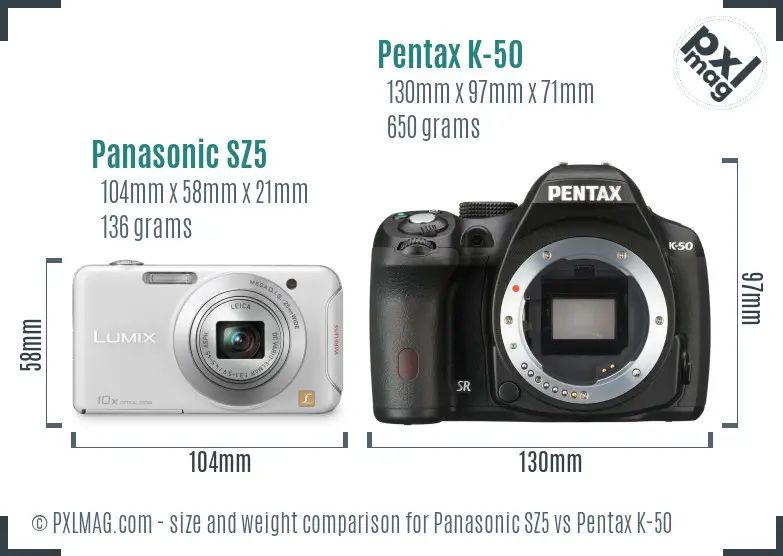 Panasonic SZ5 vs Pentax K-50 size comparison