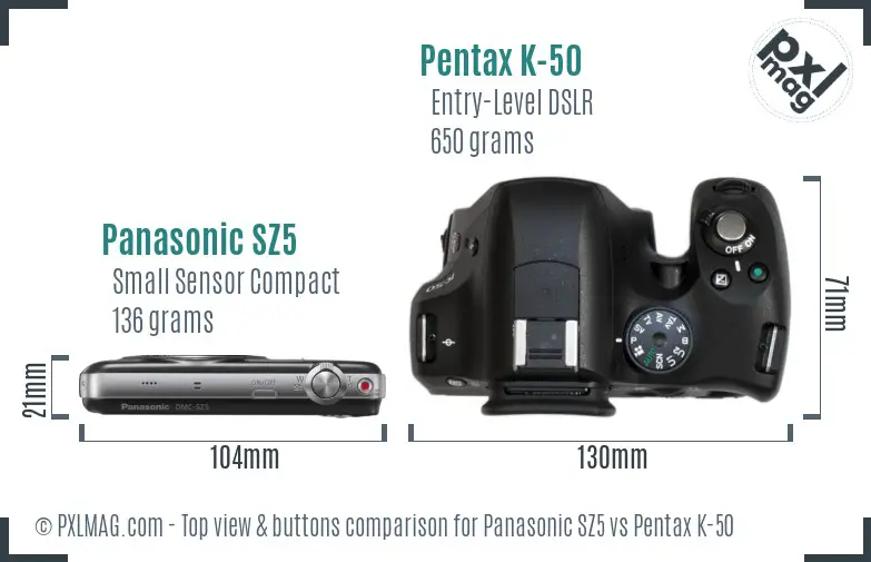 Panasonic SZ5 vs Pentax K-50 top view buttons comparison