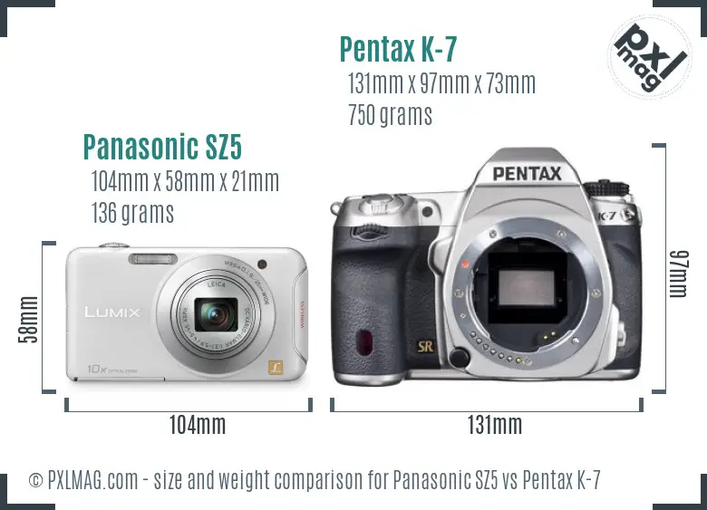 Panasonic SZ5 vs Pentax K-7 size comparison
