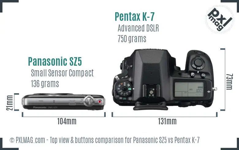 Panasonic SZ5 vs Pentax K-7 top view buttons comparison