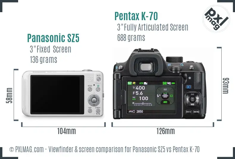 Panasonic SZ5 vs Pentax K-70 Screen and Viewfinder comparison