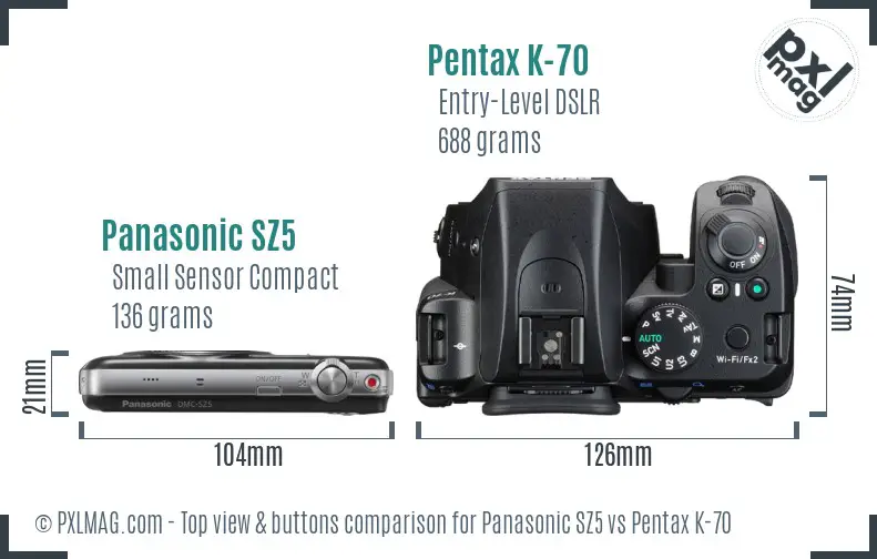 Panasonic SZ5 vs Pentax K-70 top view buttons comparison