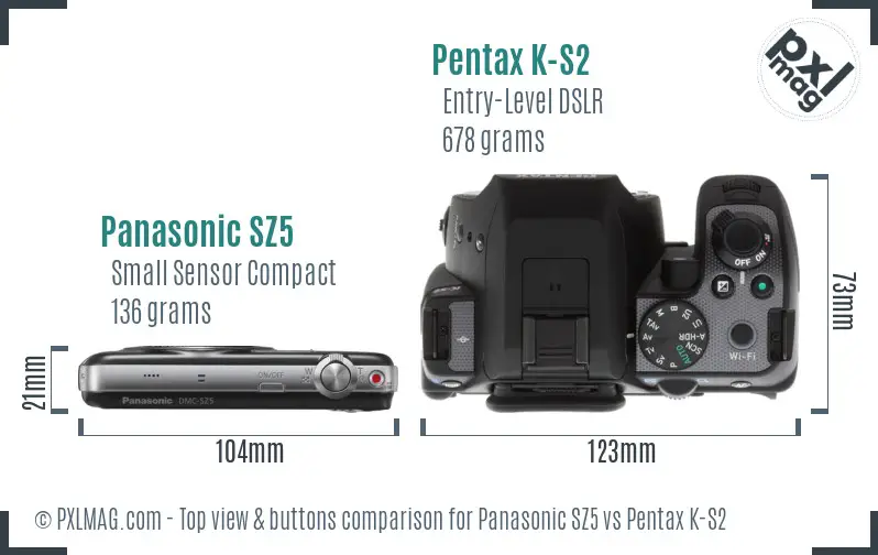 Panasonic SZ5 vs Pentax K-S2 top view buttons comparison