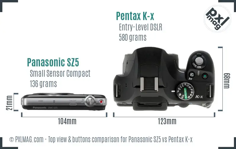 Panasonic SZ5 vs Pentax K-x top view buttons comparison