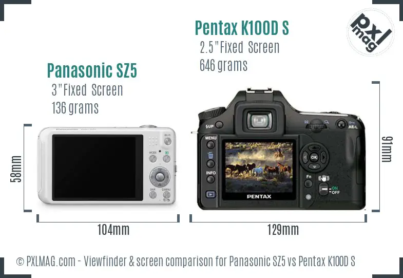 Panasonic SZ5 vs Pentax K100D S Screen and Viewfinder comparison