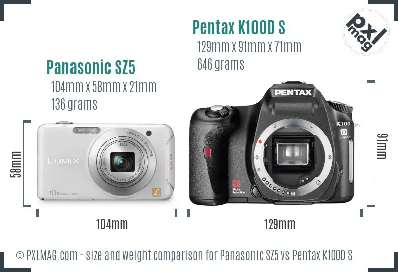 Panasonic SZ5 vs Pentax K100D S size comparison