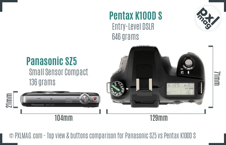 Panasonic SZ5 vs Pentax K100D S top view buttons comparison
