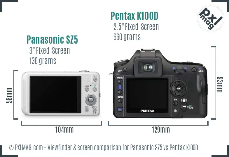 Panasonic SZ5 vs Pentax K100D Screen and Viewfinder comparison