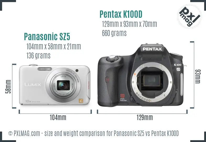 Panasonic SZ5 vs Pentax K100D size comparison