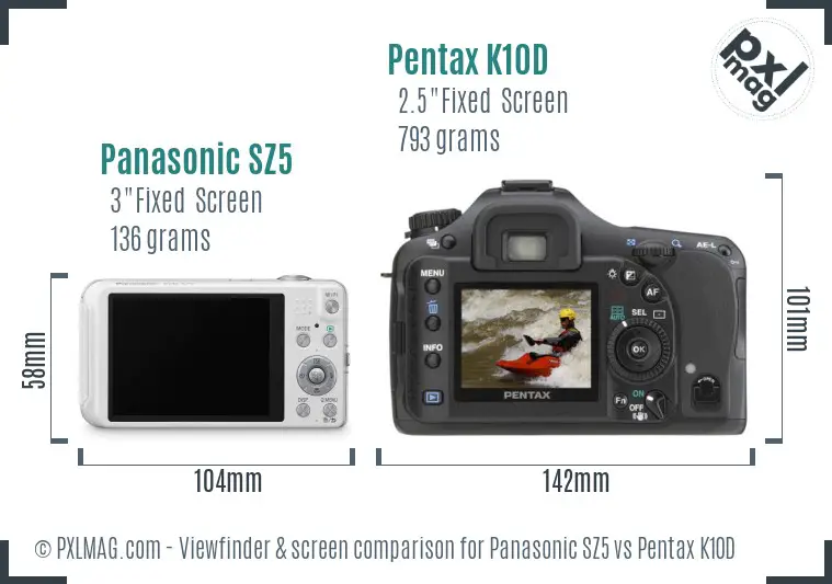 Panasonic SZ5 vs Pentax K10D Screen and Viewfinder comparison
