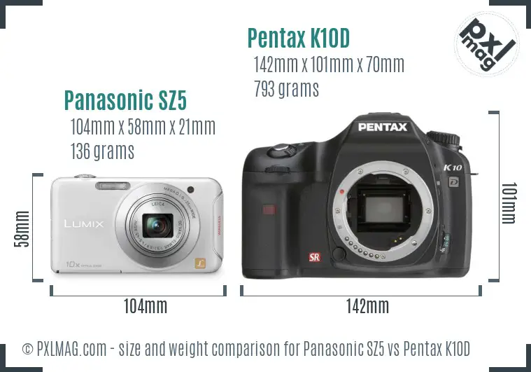 Panasonic SZ5 vs Pentax K10D size comparison