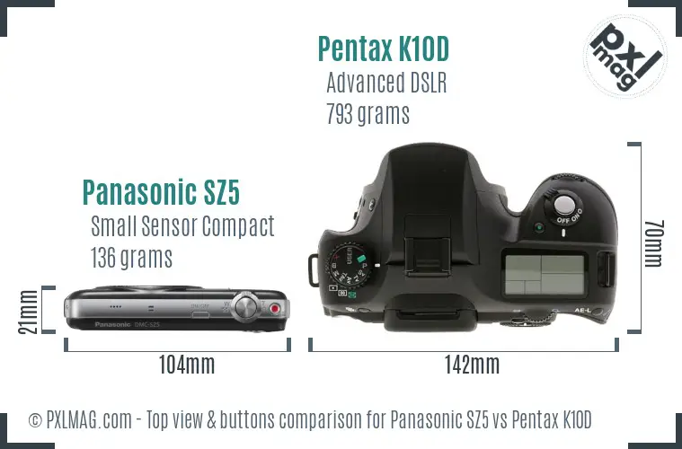 Panasonic SZ5 vs Pentax K10D top view buttons comparison