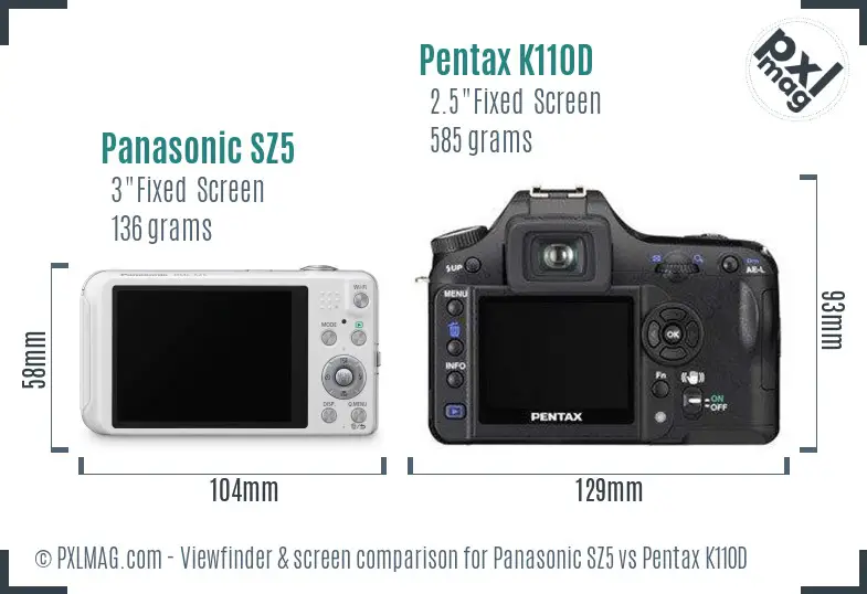 Panasonic SZ5 vs Pentax K110D Screen and Viewfinder comparison