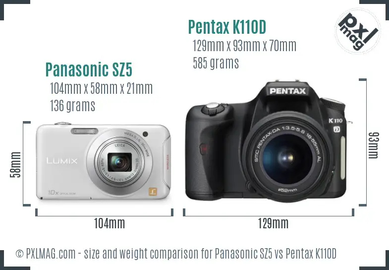 Panasonic SZ5 vs Pentax K110D size comparison