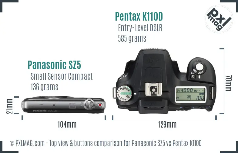 Panasonic SZ5 vs Pentax K110D top view buttons comparison