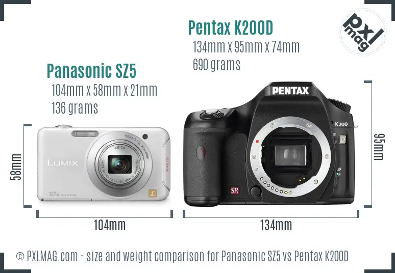 Panasonic SZ5 vs Pentax K200D size comparison