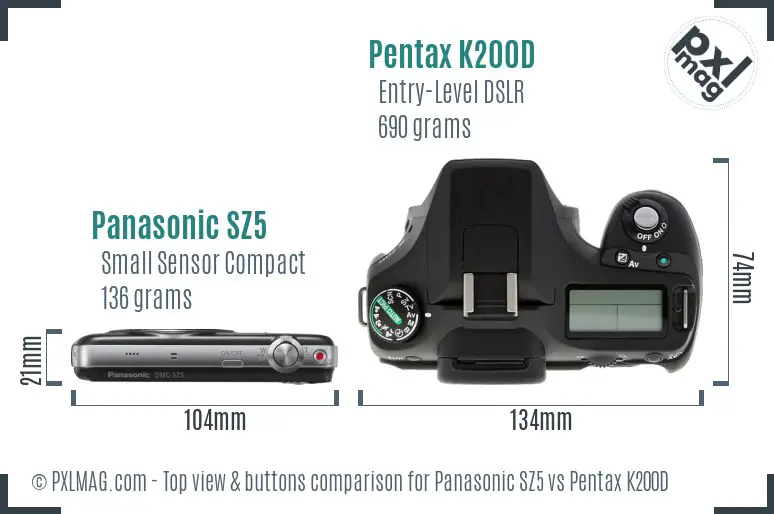 Panasonic SZ5 vs Pentax K200D top view buttons comparison