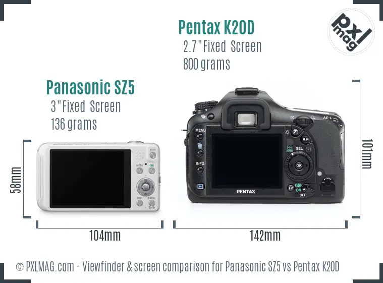 Panasonic SZ5 vs Pentax K20D Screen and Viewfinder comparison