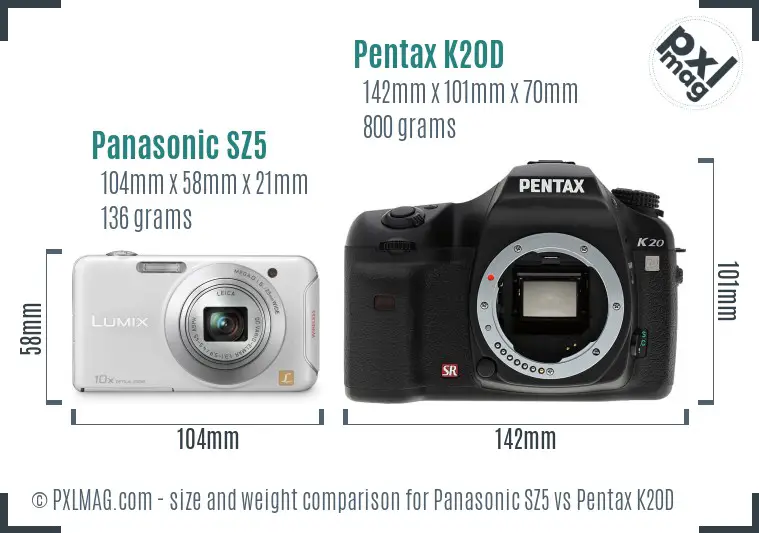 Panasonic SZ5 vs Pentax K20D size comparison