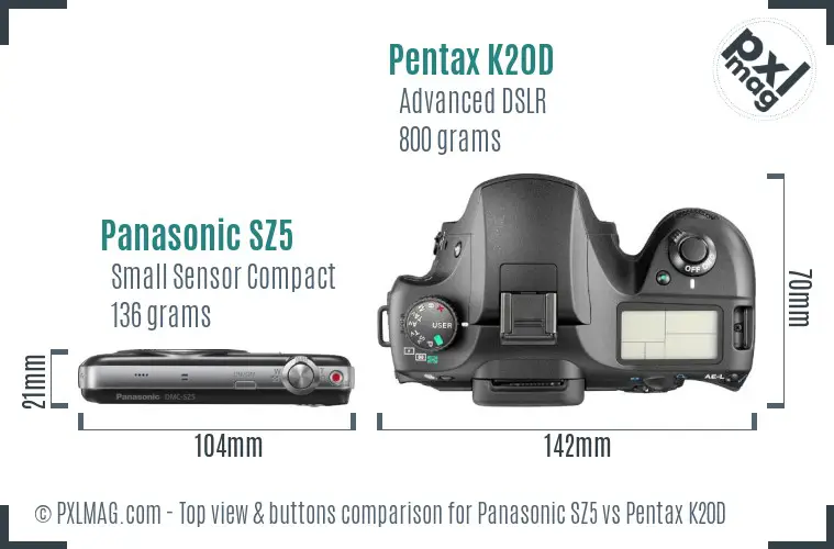 Panasonic SZ5 vs Pentax K20D top view buttons comparison