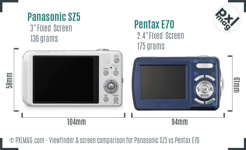 Panasonic SZ5 vs Pentax E70 Screen and Viewfinder comparison