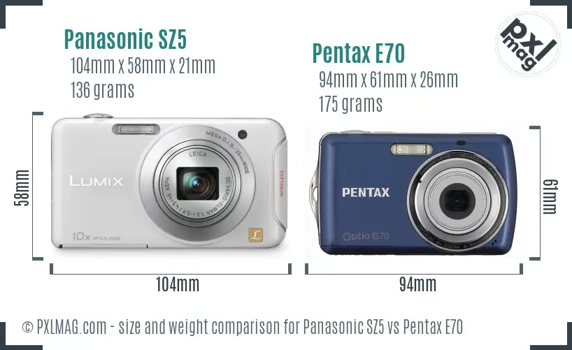Panasonic SZ5 vs Pentax E70 size comparison