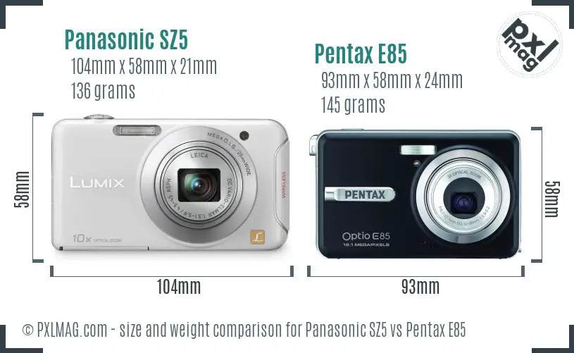 Panasonic SZ5 vs Pentax E85 size comparison