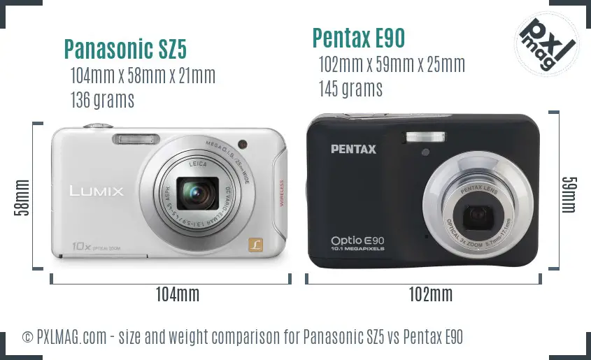 Panasonic SZ5 vs Pentax E90 size comparison