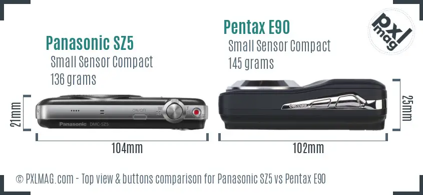 Panasonic SZ5 vs Pentax E90 top view buttons comparison
