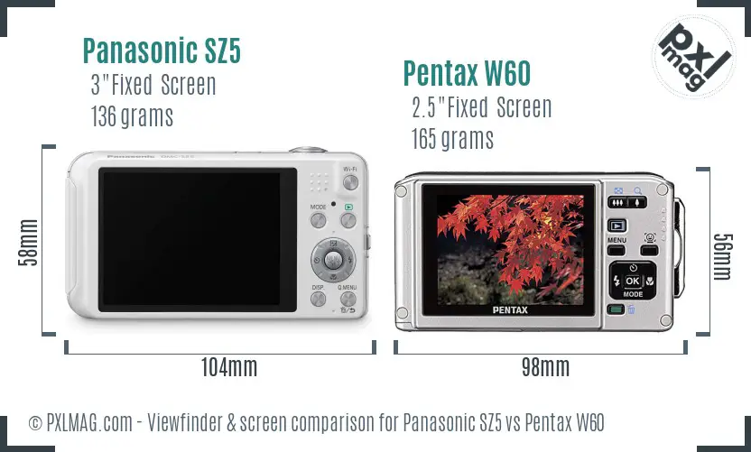Panasonic SZ5 vs Pentax W60 Screen and Viewfinder comparison