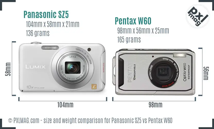 Panasonic SZ5 vs Pentax W60 size comparison