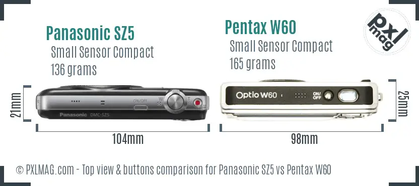 Panasonic SZ5 vs Pentax W60 top view buttons comparison