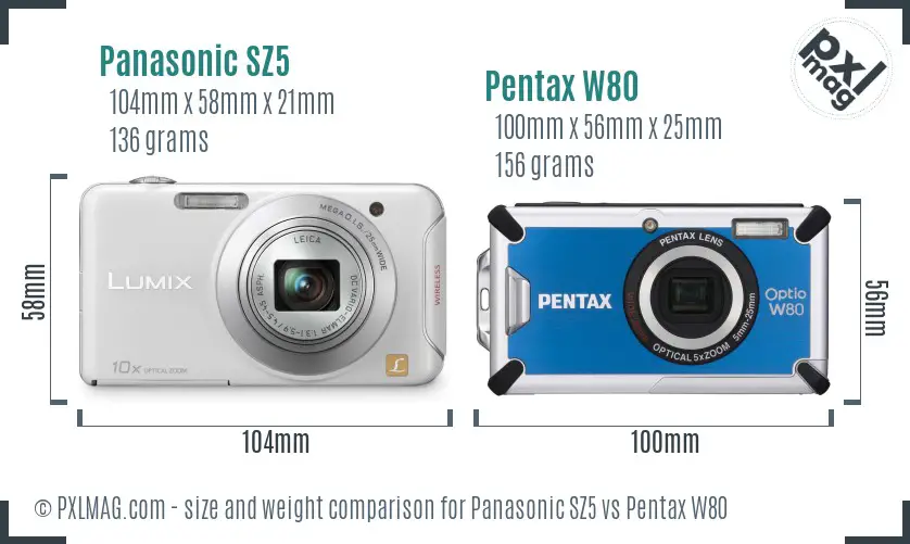 Panasonic SZ5 vs Pentax W80 size comparison