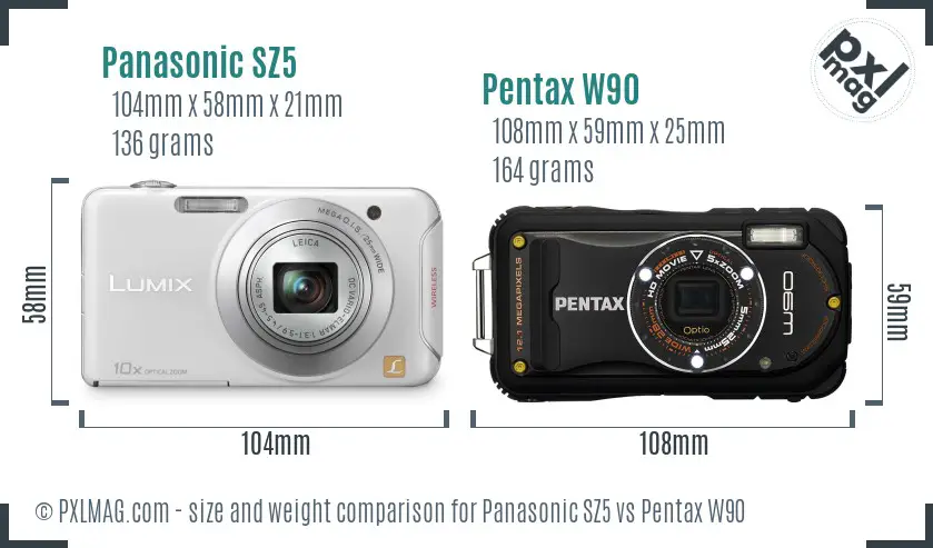 Panasonic SZ5 vs Pentax W90 size comparison