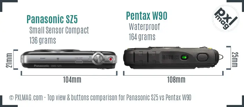 Panasonic SZ5 vs Pentax W90 top view buttons comparison
