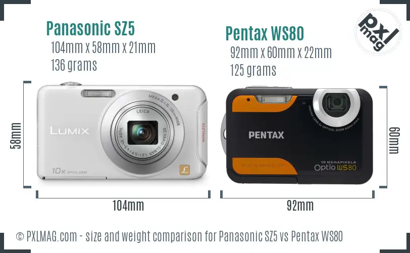 Panasonic SZ5 vs Pentax WS80 size comparison
