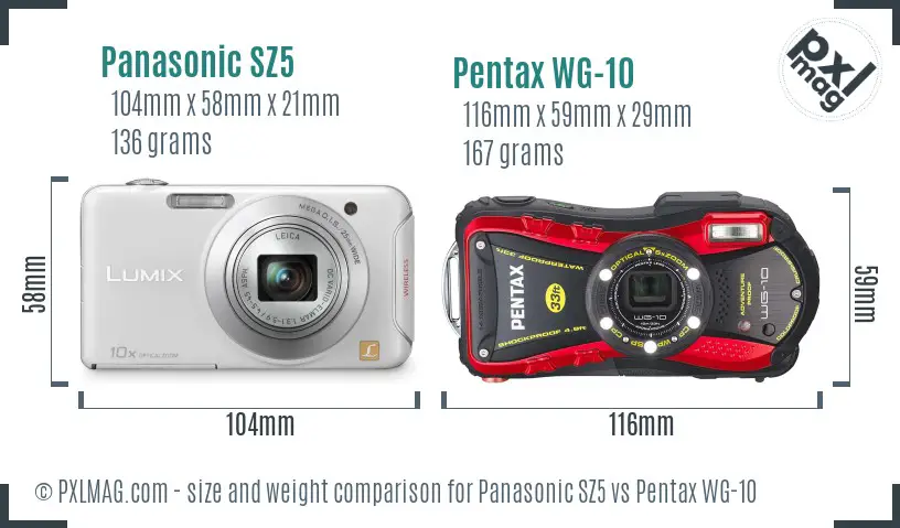 Panasonic SZ5 vs Pentax WG-10 size comparison