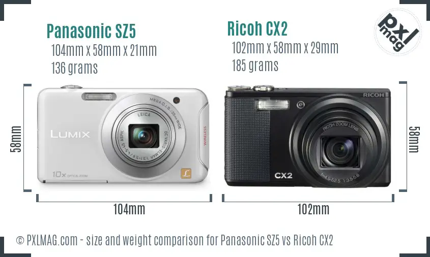 Panasonic SZ5 vs Ricoh CX2 size comparison