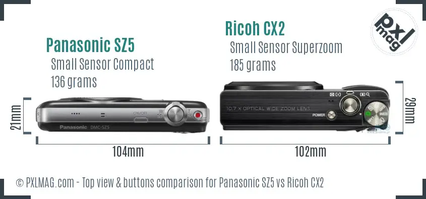 Panasonic SZ5 vs Ricoh CX2 top view buttons comparison