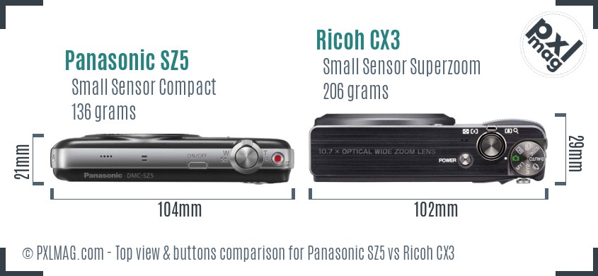 Panasonic SZ5 vs Ricoh CX3 top view buttons comparison