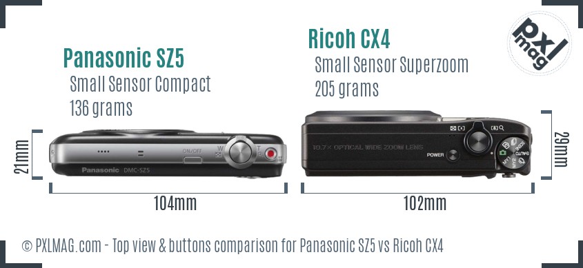 Panasonic SZ5 vs Ricoh CX4 top view buttons comparison