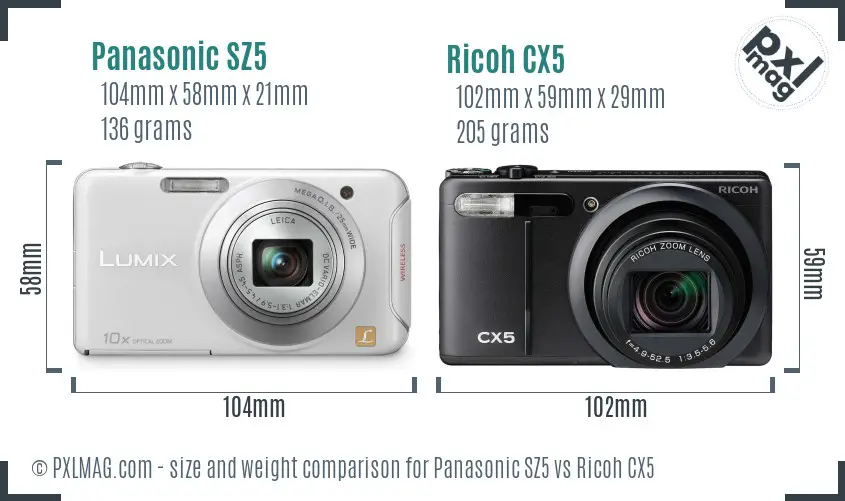 Panasonic SZ5 vs Ricoh CX5 size comparison