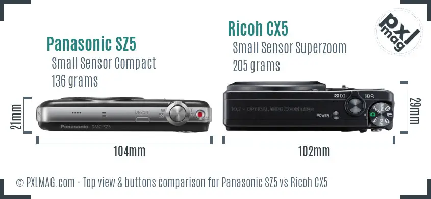 Panasonic SZ5 vs Ricoh CX5 top view buttons comparison