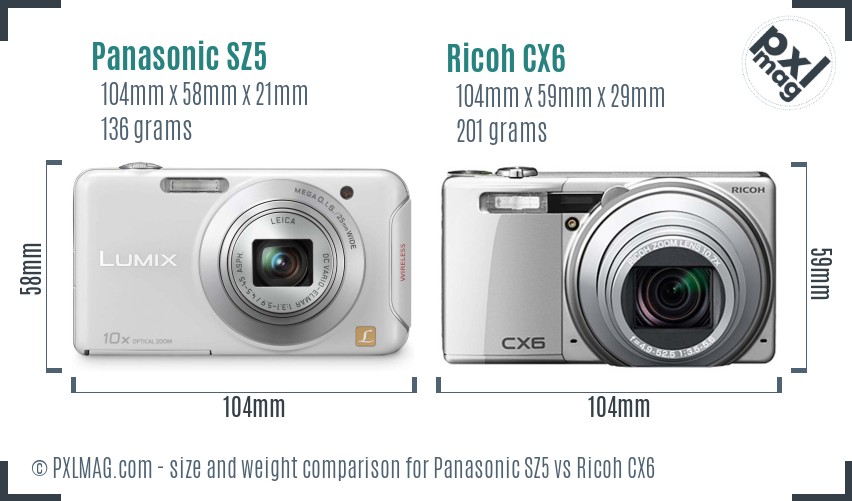 Panasonic SZ5 vs Ricoh CX6 size comparison