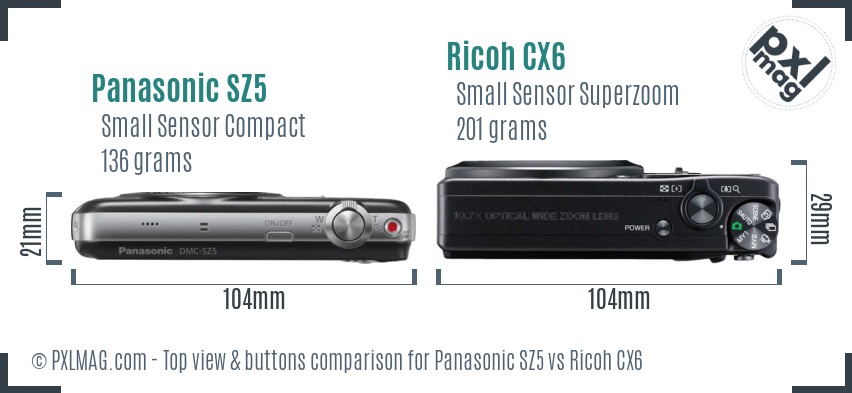 Panasonic SZ5 vs Ricoh CX6 top view buttons comparison