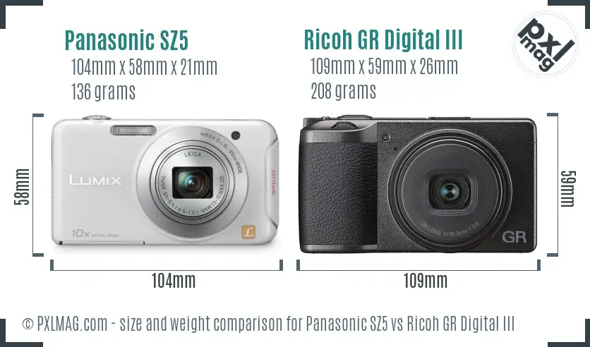 Panasonic SZ5 vs Ricoh GR Digital III size comparison