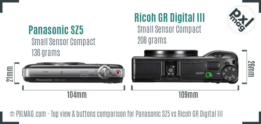 Panasonic SZ5 vs Ricoh GR Digital III top view buttons comparison