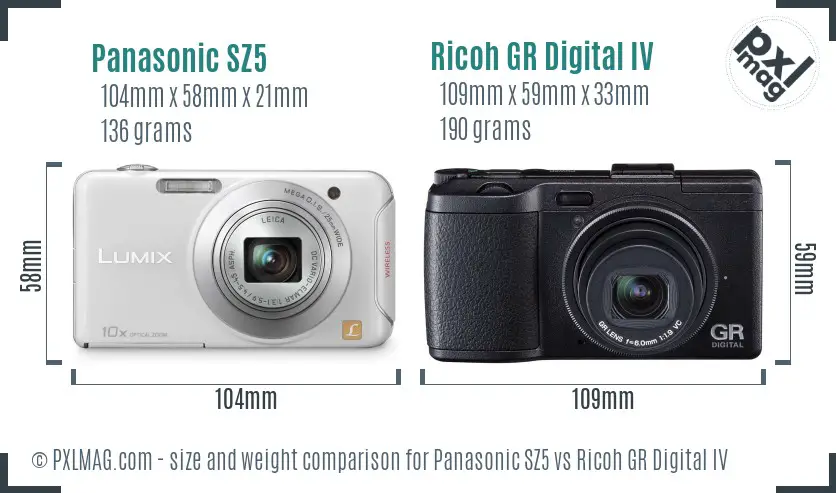 Panasonic SZ5 vs Ricoh GR Digital IV size comparison